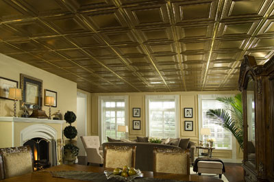 The Tin Look™ ceiling tiles in the Circles pattern are painted silver to complement the hues of this kitchen. The Tin Look line includes eight mineral fiberboard patterns. The Tin Look™ ceiling tiles in the Circles pattern are painted silver to complement the hues of this kitchen. The Tin Look line includes eight mineral fiberboard patterns.