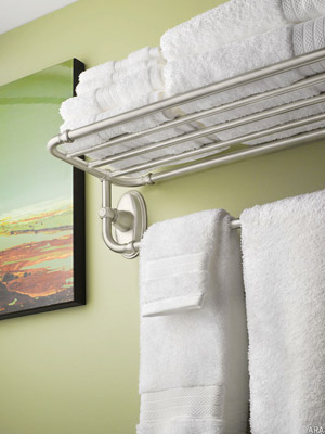 Decorative Hotel Shelves from Moen add a hint of luxury to the bathroom while providing maximum storage for linens and towels. Decorative Hotel Shelves from Moen add a hint of luxury to the bathroom while providing maximum storage for linens and towels.