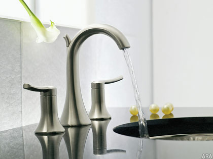 To add a contemporary look to your bathroom, consider the Fina lavatory faucet from ShowHouse. It features soft modern style cues with a high-arc, marquise-shaped spout, lever handles and a contemporary-shaped base
