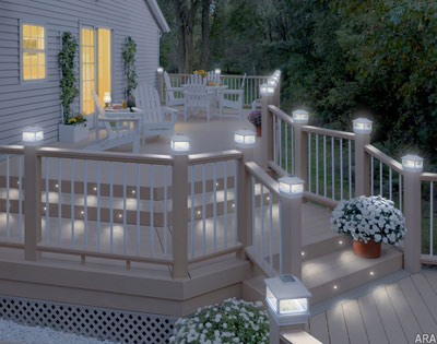 Perfect for deck stairs and walkways, Deckorators' low-voltage recessed, LED lights provide added safety.